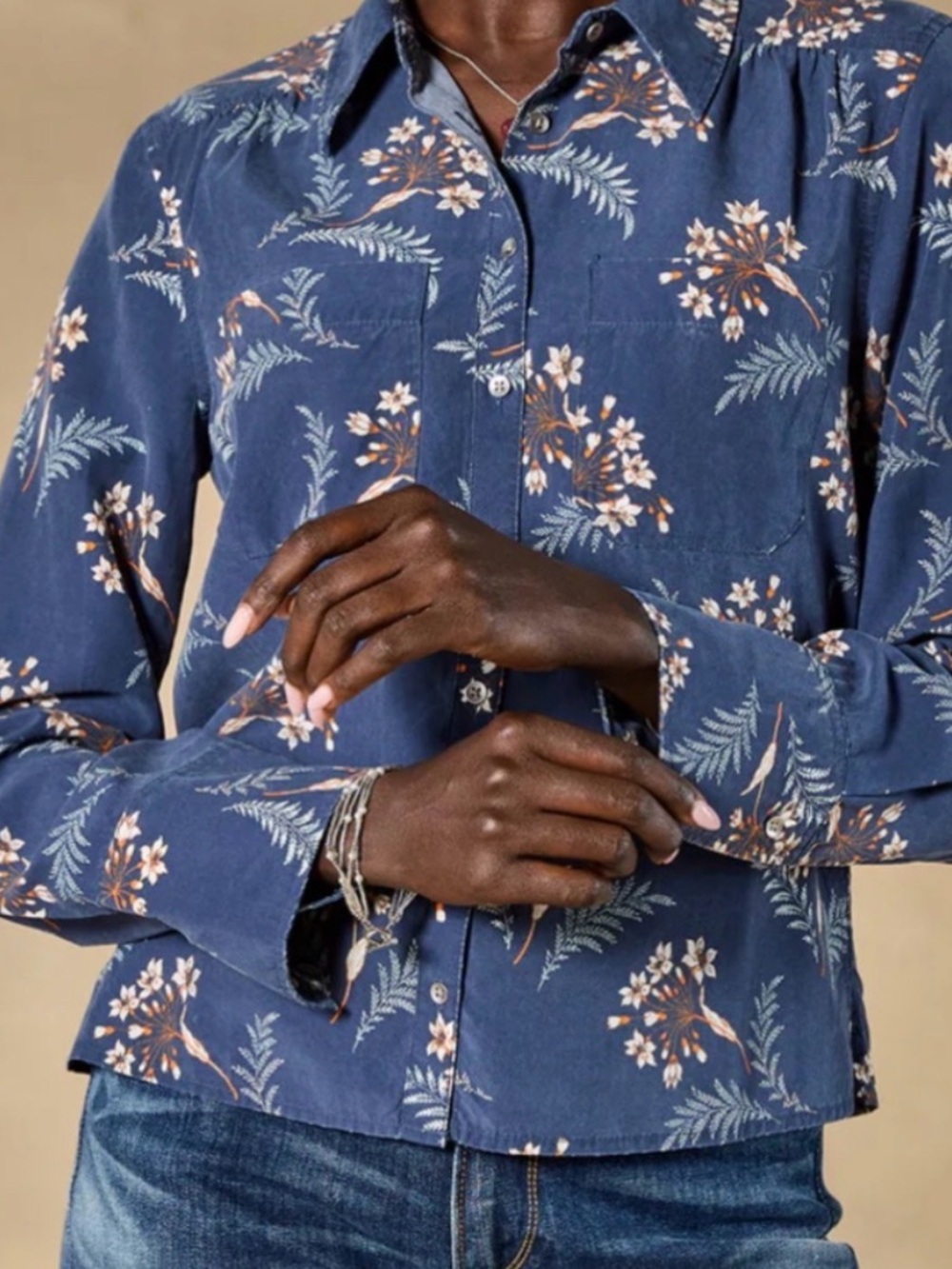 Sundance Ryleigh Blue Mixed Floral & Fern Print Shirt, Size PM